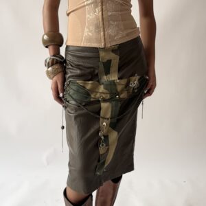 Reworked Pencil Skirt with Camo Cross, Spikes, Eyelets, Chains